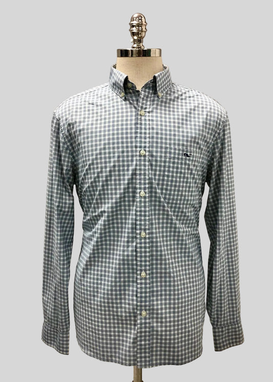 Camisa de botones Vineyard Vines 🐳 Performance de cuadros gingham en color azul navy y blanco Talla L Entalle Regular(ver descripción)