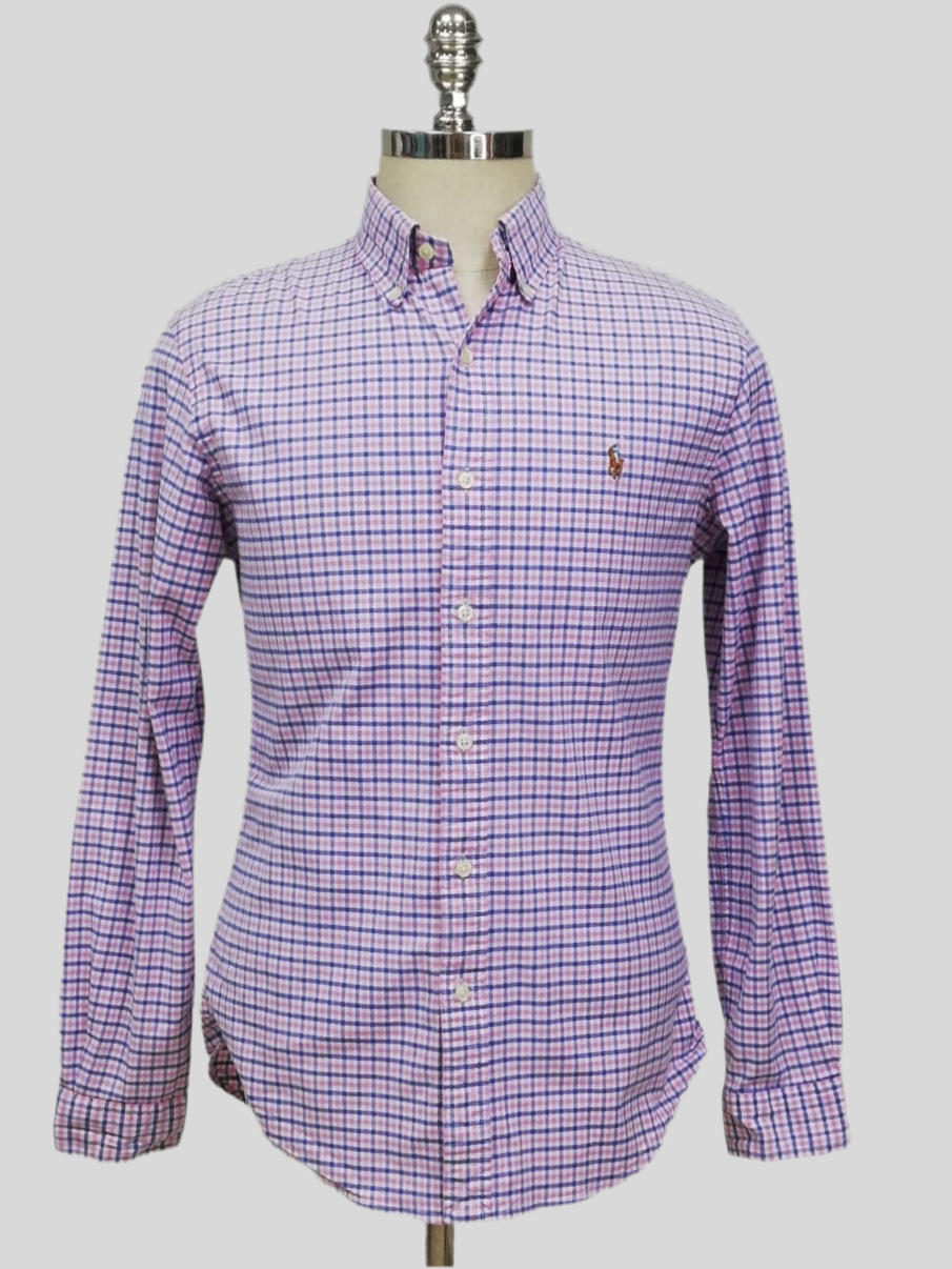 Camisa Polo Ralph Lauren 🏇🏼 Oxford color blanco con patrón de cuadros rosado y azul Talla M Entalle Slim Fit