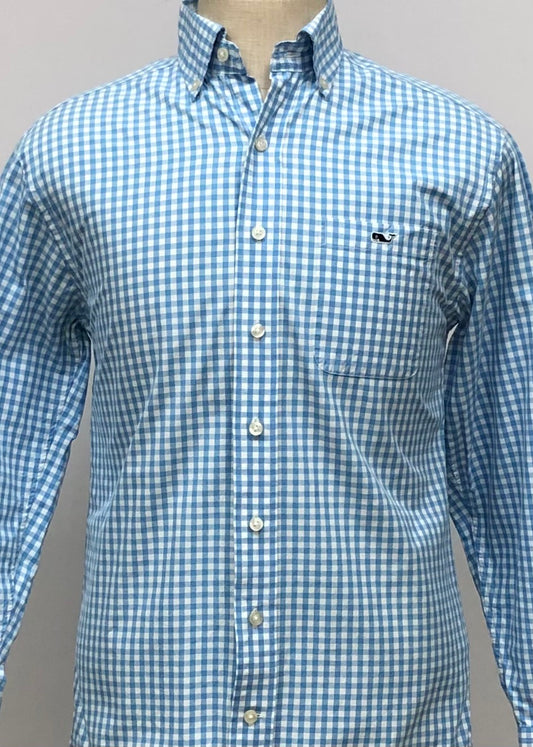 Camisa Vineyard Vines 🐳 con patron cuadros gingham en color celeste y blanco Talla S Entalle Regular