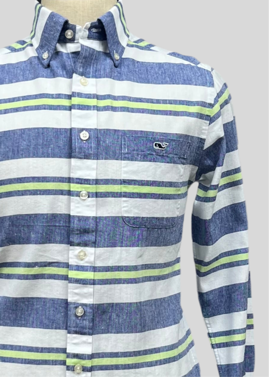 Camisa de botones Vineyard Vines 🐳 De Lino color Blanco con patrón de rayas en azul y verde Talla S Entalle Slim Fit