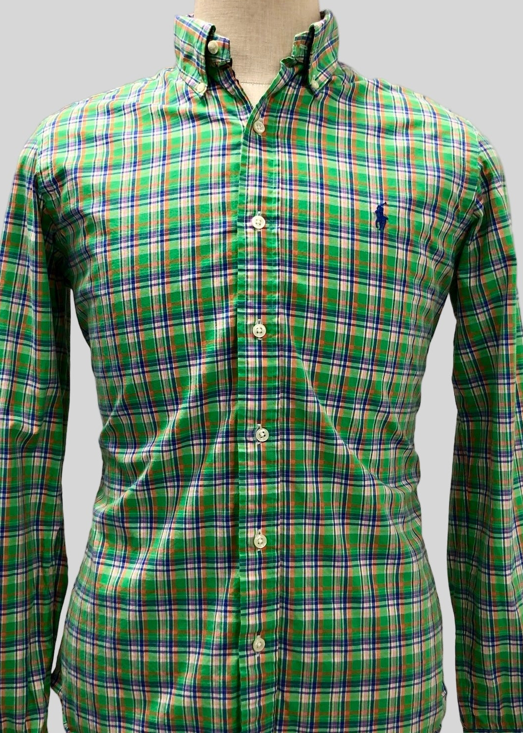 Camisa Polo Ralph Lauren 🏇🏼 con patron de cuadro verde, azul y blanco Talla S Entalle Custom Fit