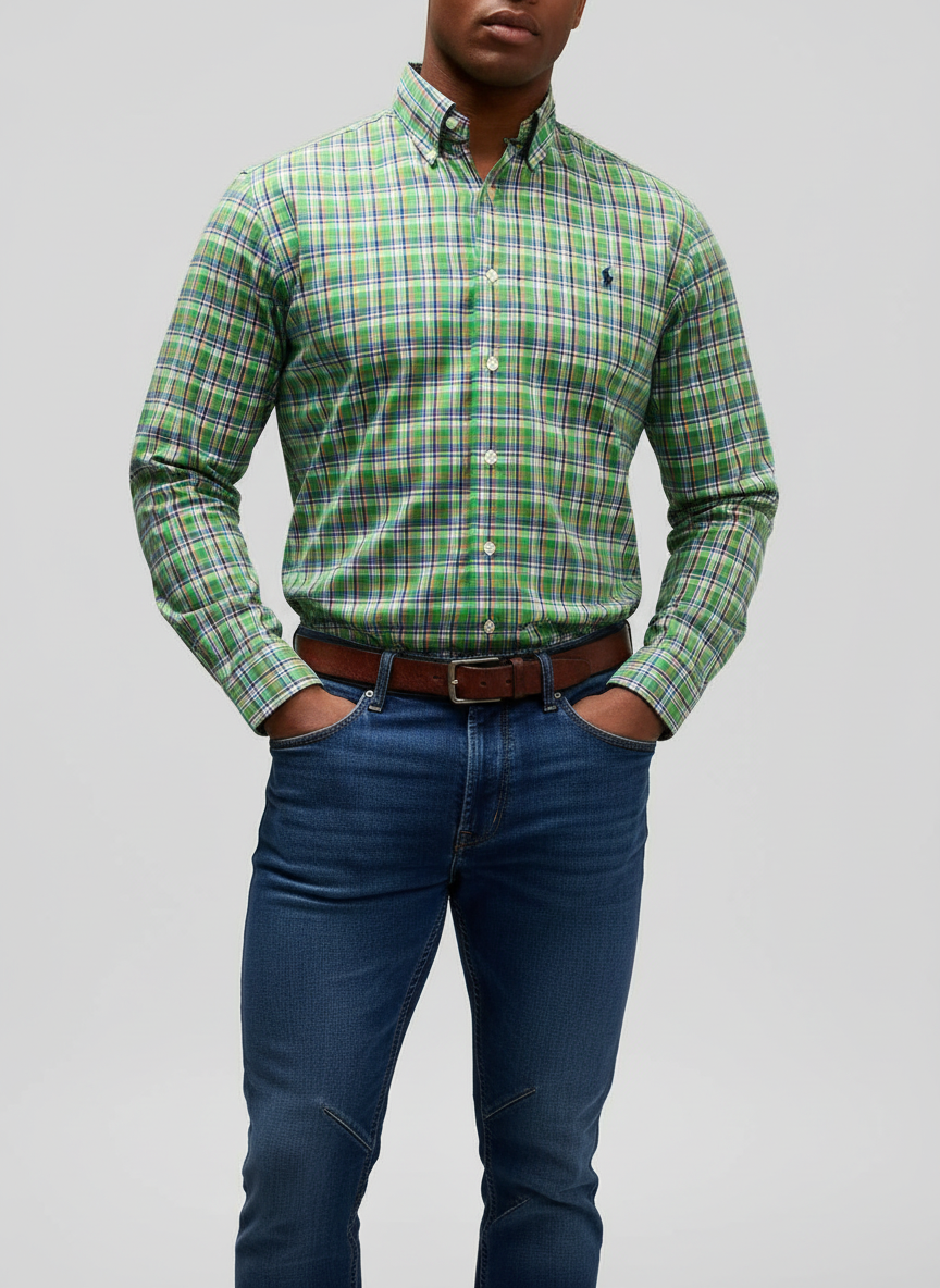 Camisa Polo Ralph Lauren 🏇🏼 con patron de cuadro verde, azul y blanco Talla S Entalle Custom Fit