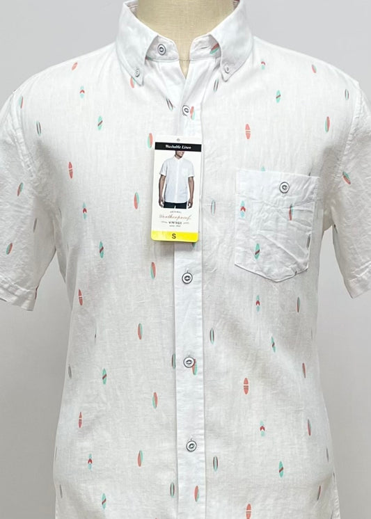 Camisa de botones Weatherproof De lino en color blanco con diseño de tablas de surf Talla S Entalle Regular