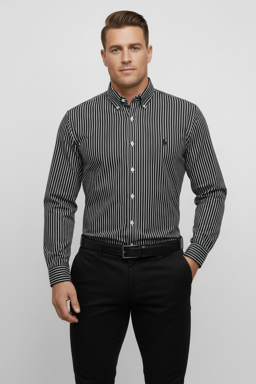 Camisa Polo Ralph Lauren 🏇🏼 de rayas en color negro y blanco Talla M Entalle Custom Fit