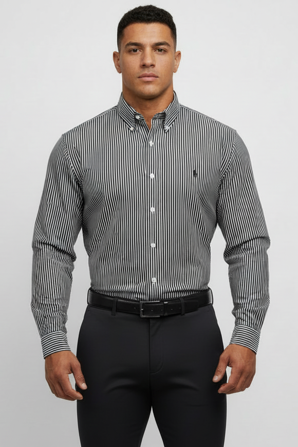 Camisa Polo Ralph Lauren 🏇🏼 de rayas en color negro y blanco Talla M Entalle Custom Fit