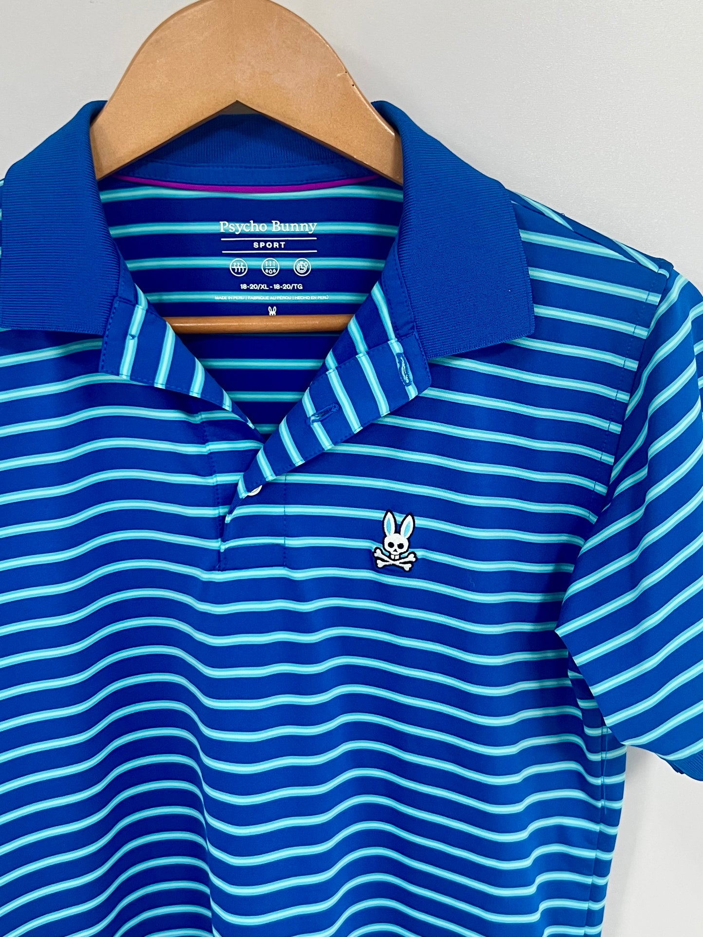 Camiseta Polo de niño Psycho Bunny 🐰 Performance con rayas en turquesa y azul Talla XL Entalle Regular