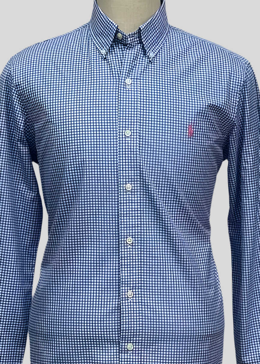 Camisa Polo Ralph Lauren 🏇🏼 con patrón de cuadros gingham celeste y blanco Talla M Entalle Custom Fit