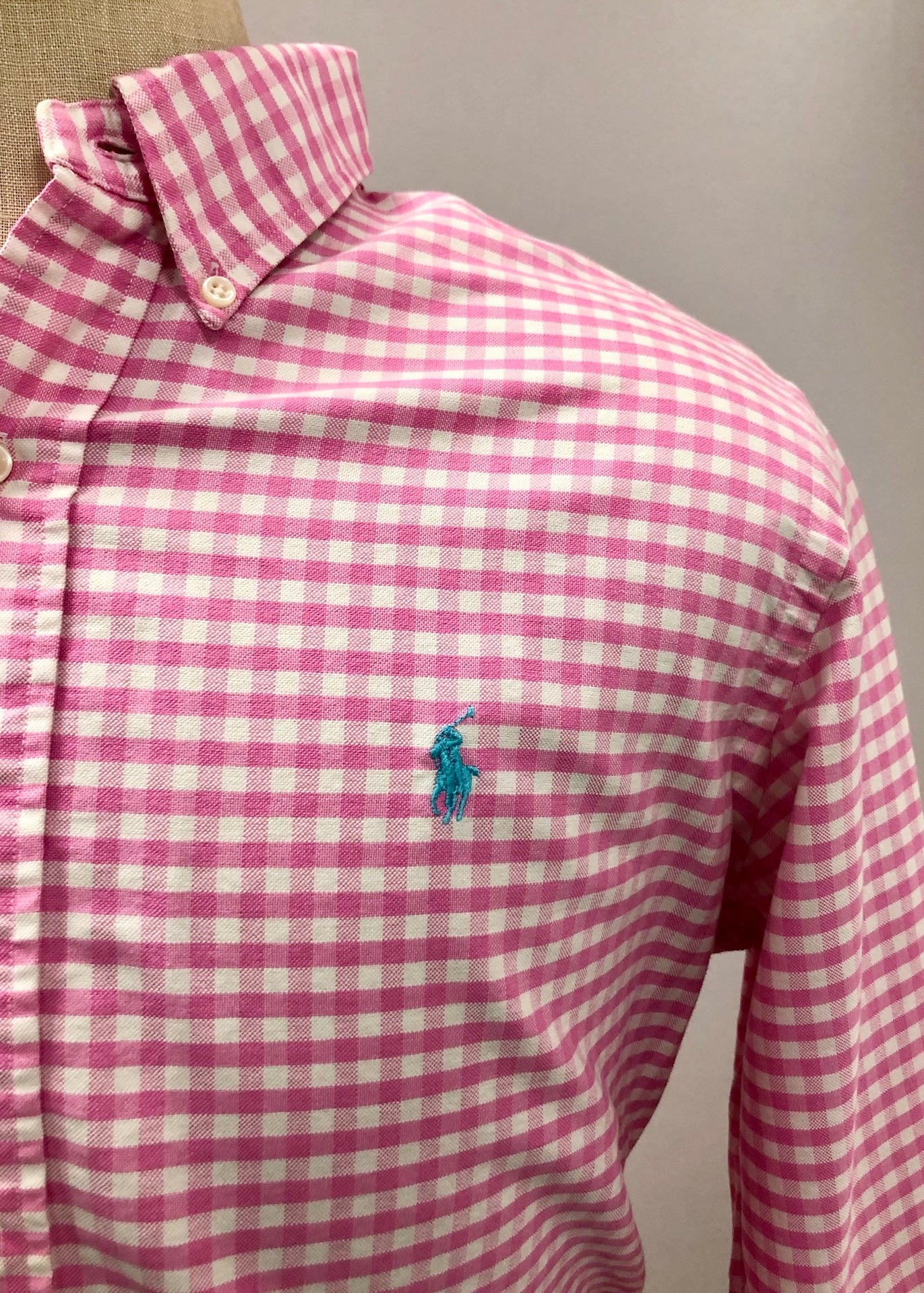 Camisa de botones Polo Ralph Lauren 🏇🏼 Oxford de cuadros gingham rosado y blanco Talla L Entalle Custom Fit
