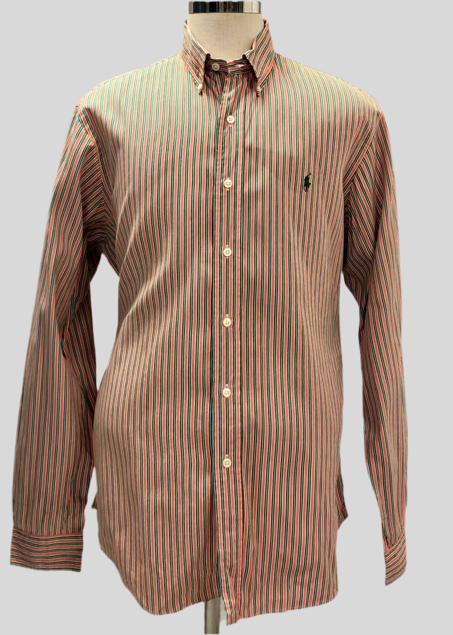 Camisa de botones Polo Ralph Lauren 🏇🏼 con patron de rayas en color naranja, verde y blanco Talla XL Entalle Custom Fit