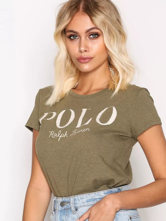 Camiseta cuello redondo de mujer Polo Ralph Lauren 🏇🏼 color verde oliva con diseño de logo blanco Talla XS Entalle Regular