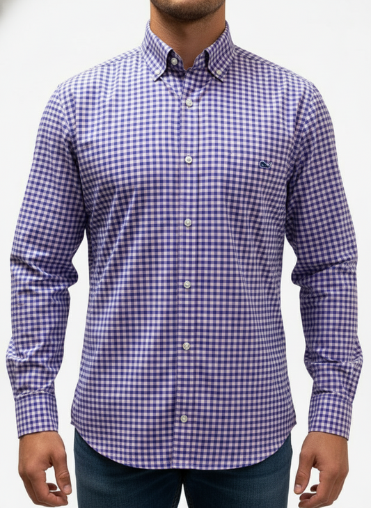 Camisa de botones Vineyard Vines 🐳 Performance de cuadros gingham en color azul y rosado Talla XL Entalle Clásico