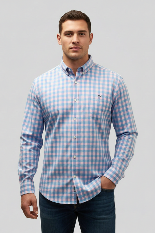 Camisa de botones Vineyard Vines 🐳 de cuadros en color rosado y celeste Talla XL Entalle Slim Fit