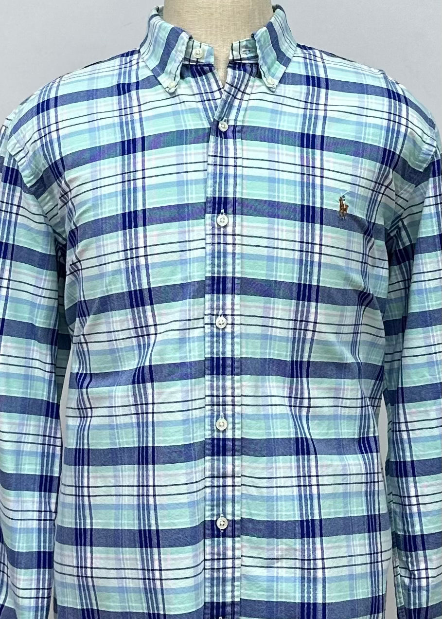 Camisa Polo Ralph Lauren 🏇🏼 con patron de cuadros tartán en color verde esmeralda, azul navy y morado Talla XXL Entalle Regular