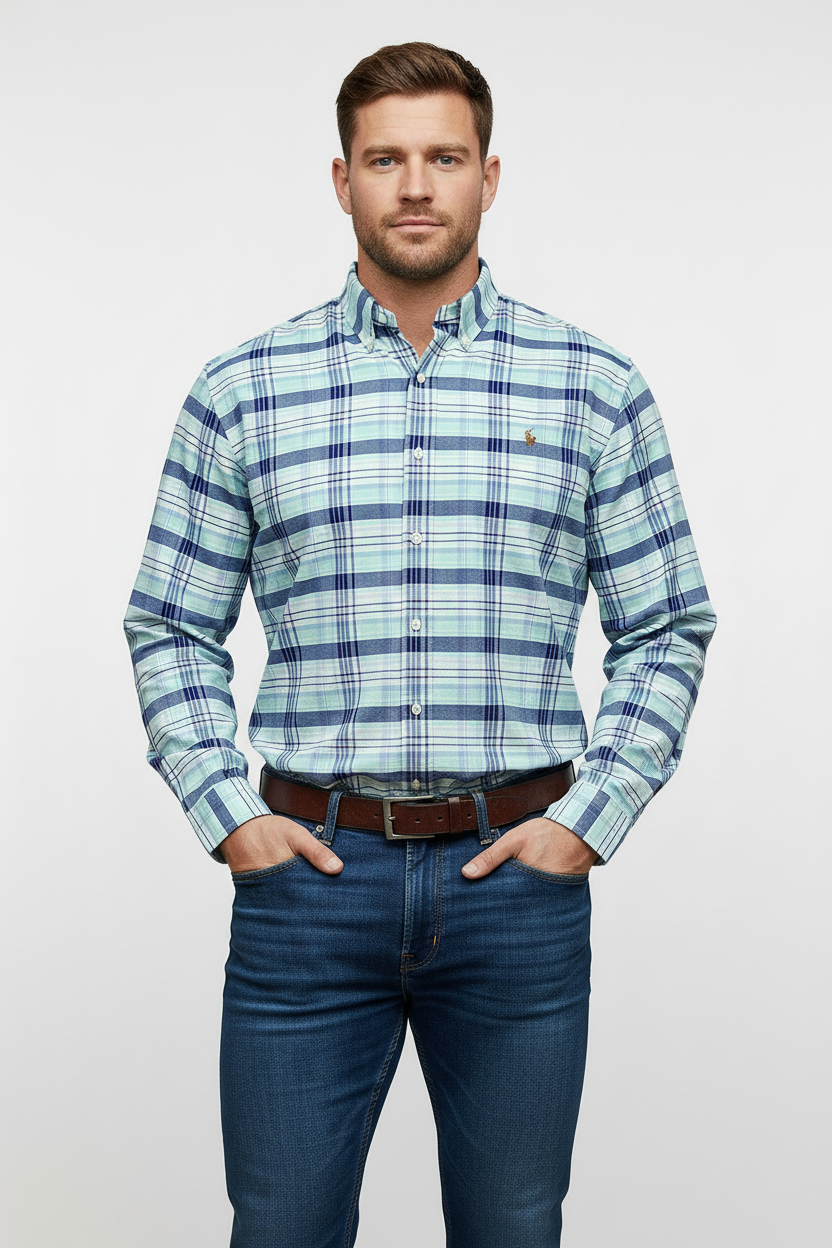 Camisa de botones Polo Ralph Lauren 🏇🏼 de cuadros tartán en color verde esmeralda, azul navy y morado Talla XL Entalle Clásico