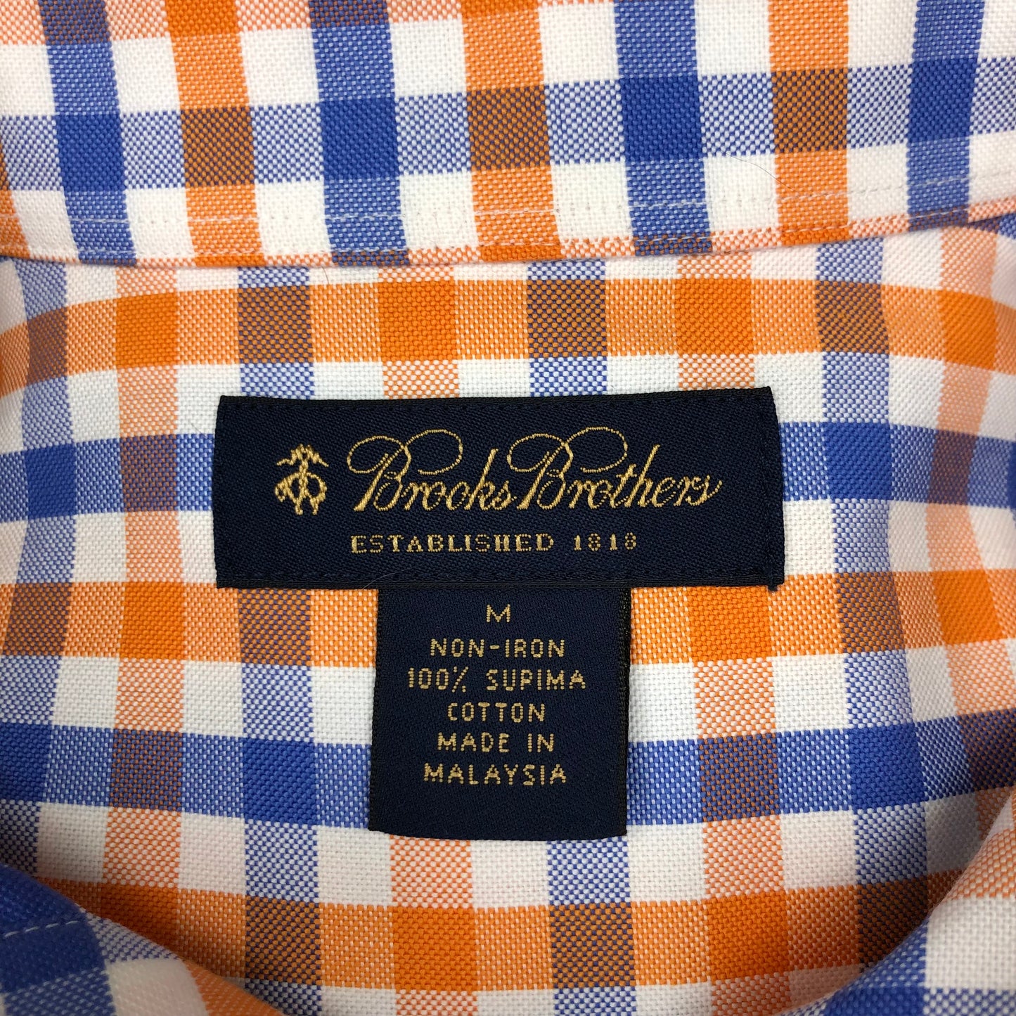 Camisa Brooks Brothers 🐑 color blanco con patrón de cuadros gingham en azul y naraja Talla L Entalle Regular