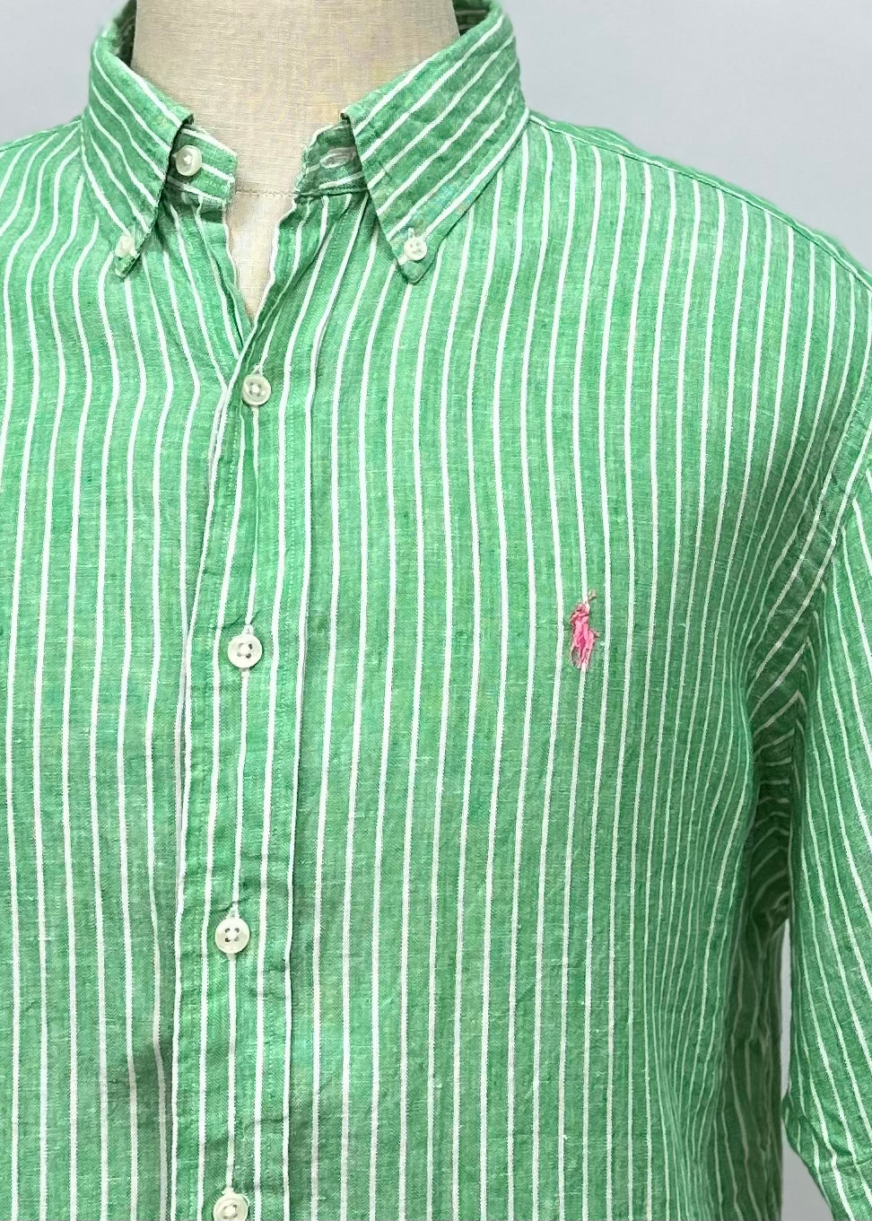 Camisa Polo Ralph Lauren 🏇🏼 de Lino con patron de rayas en color verde y blanco Talla XL Entalle Clásico