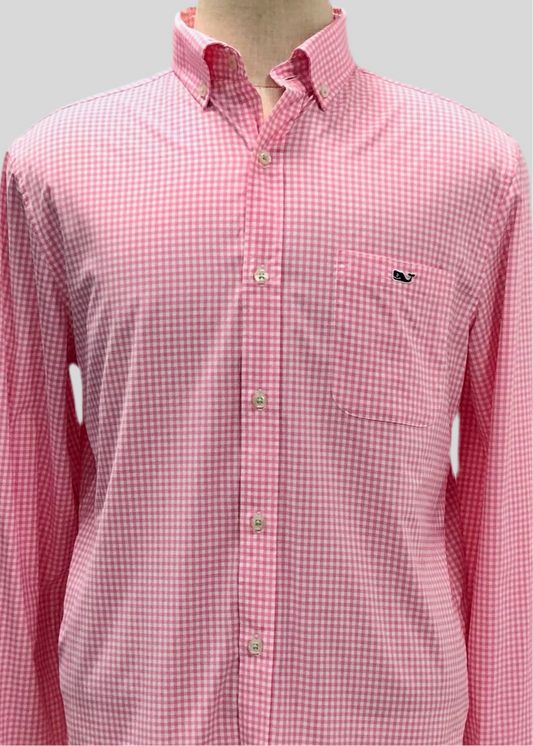 Camisa de botones Vineyard Vines 🐳 Performance de cuadros gingham en color rosado claro y blanco Talla M Entalle Clásico
