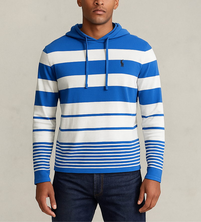 Sueter Jersey con capucha Polo Ralph Lauren 🏇🏼 con patron de rayas en color celeste y blanco Talla S