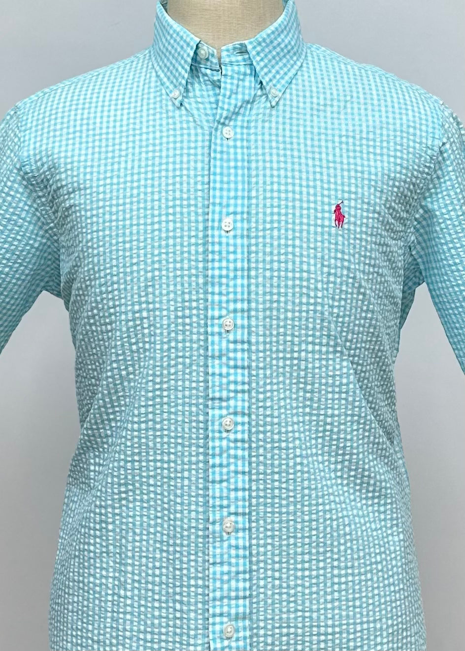 Camisa Polo Ralph Lauren 🏇🏼  Color blanco con patrón de cuadros en turquesa Seersucker Talla M Entalle Regular