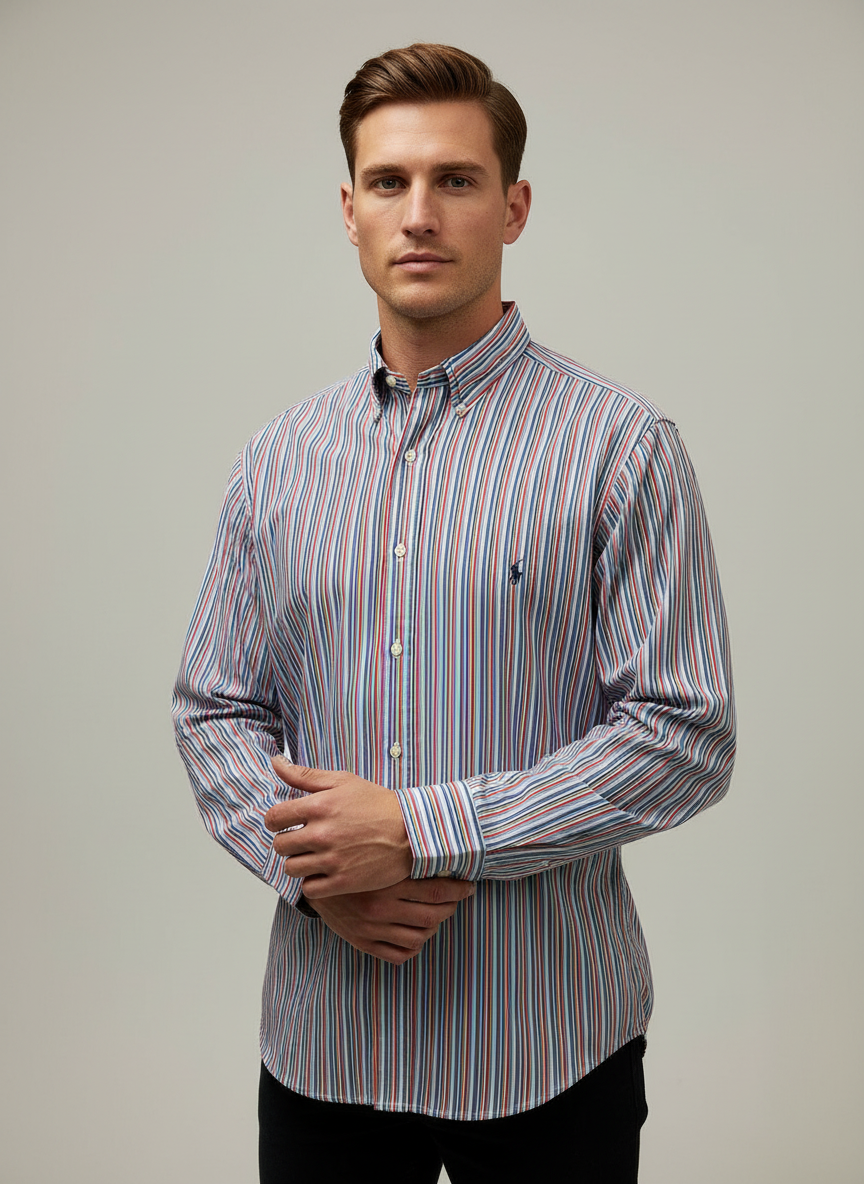 Camisa Polo Ralph Lauren 🏇🏼 de rayas en color rojo, azul y blanco Talla L Entalle Clásico
