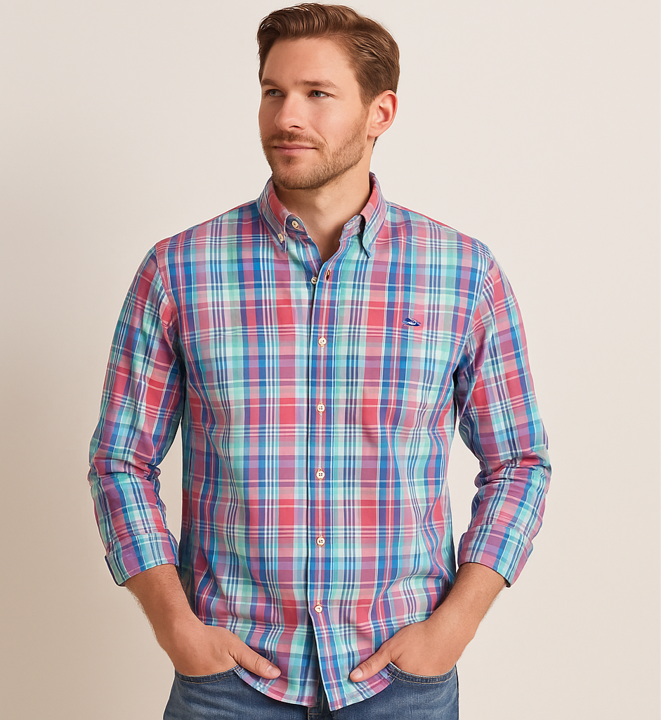 Camisa de botones Vineyard Vines 🐳 Performance con patrón de cuadros en color rosado, celeste y blanco Talla S Entalle Slim Fit