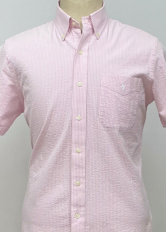 Camisa Polo Ralph Lauren 🏇🏼  Color blanco con patrón de rayas en rosado Seersucker Talla M Entalle Clásico