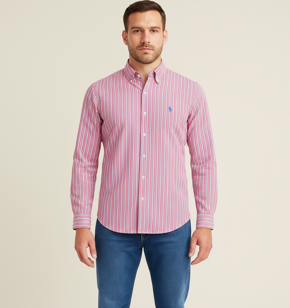 Camisa Polo Ralph Lauren 🏇🏼 con rayas en color rosado, verde y blanco Talla S Entalle Regular