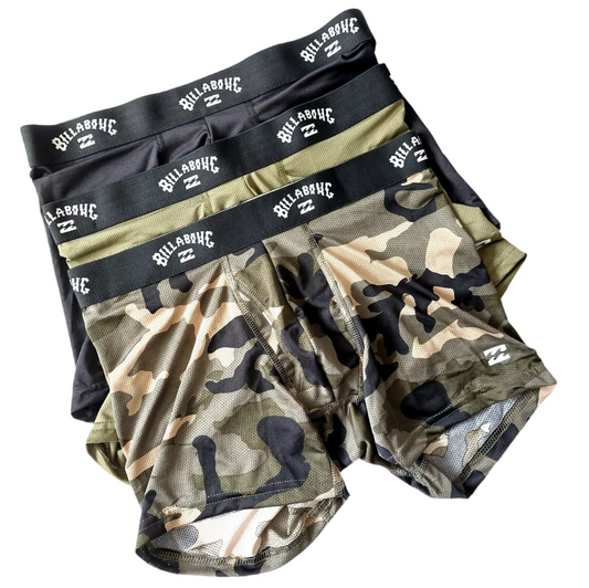 Combo de 3 Boxers Briefs Billabong 🏄🏽‍♂️ Tela de algodón stretch color Negro, verde oliva y diseño de camuflaje Talla M