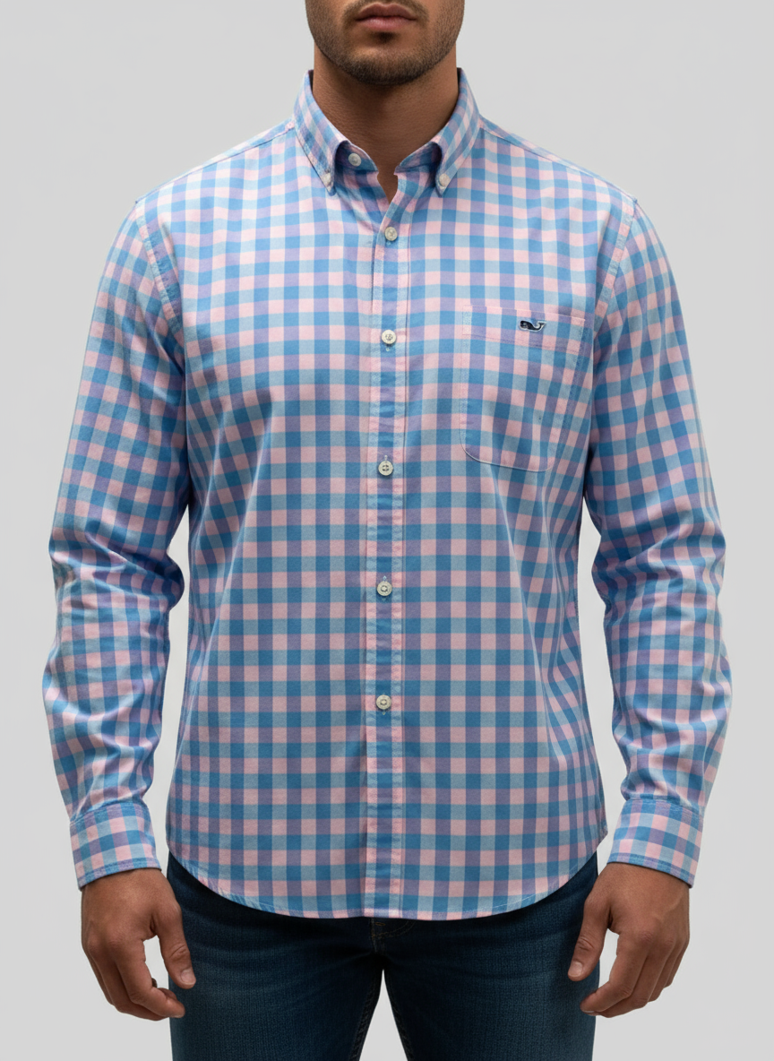 Camisa de botones Vineyard Vines 🐳 de cuadros en color rosado y celeste Talla M Entalle Slim Fit