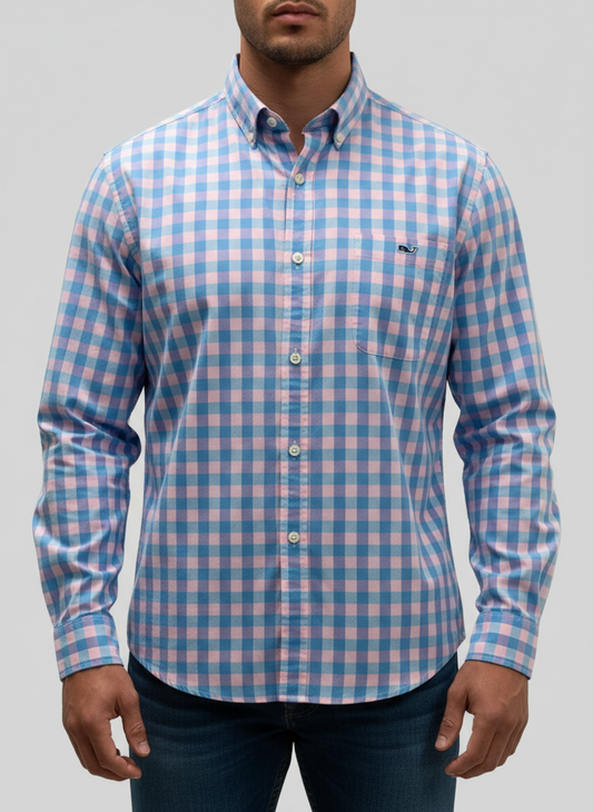 Camisa de botones Vineyard Vines 🐳 de cuadros en color rosado y celeste Talla M Entalle Slim Fit