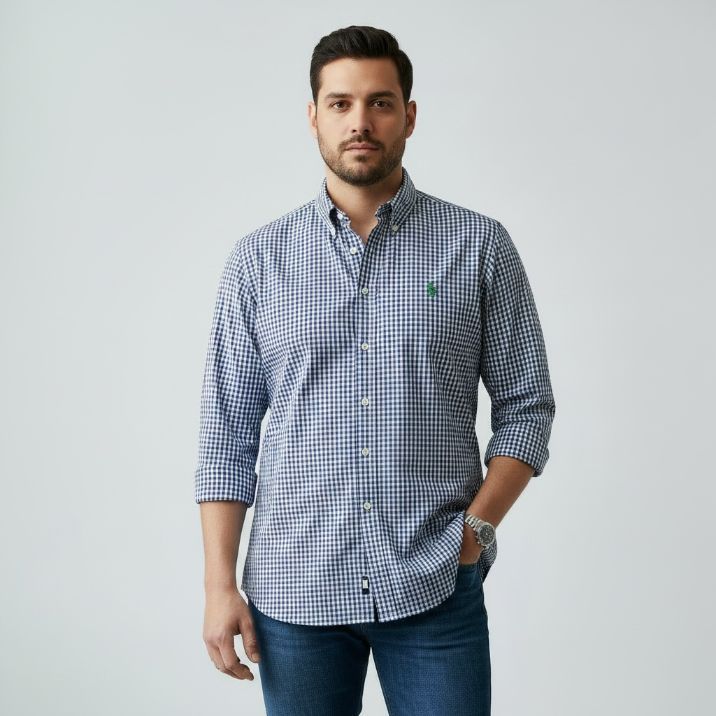 Camisa Polo Ralph Lauren 🏇🏼 con patron de cuadros gingham azul y blanco Talla L Entalle Regular