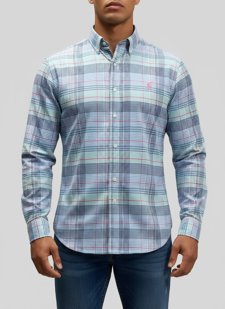 Camisa Polo Ralph Lauren 🏇🏼 Performance blanca de cuadros celeste, azul, rojo y verde Talla S Entalle Clásico