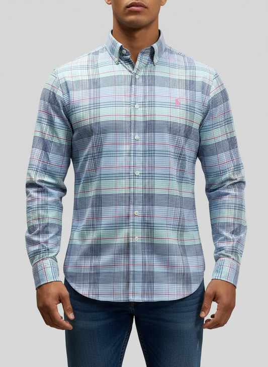 Camisa Polo Ralph Lauren 🏇🏼 Performance blanca de cuadros celeste, azul, rojo y verde Talla S Entalle Clásico