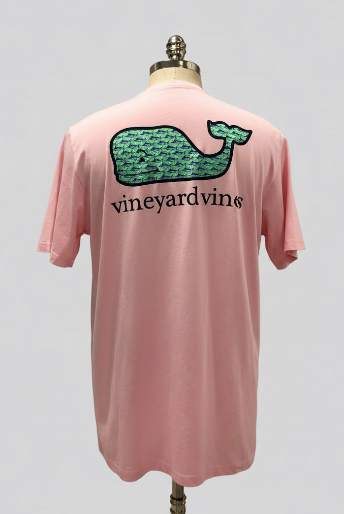Camiseta cuello redondo Vineyard Vines 🐳 color rosado claro con Diseño de ballena verde Talla L