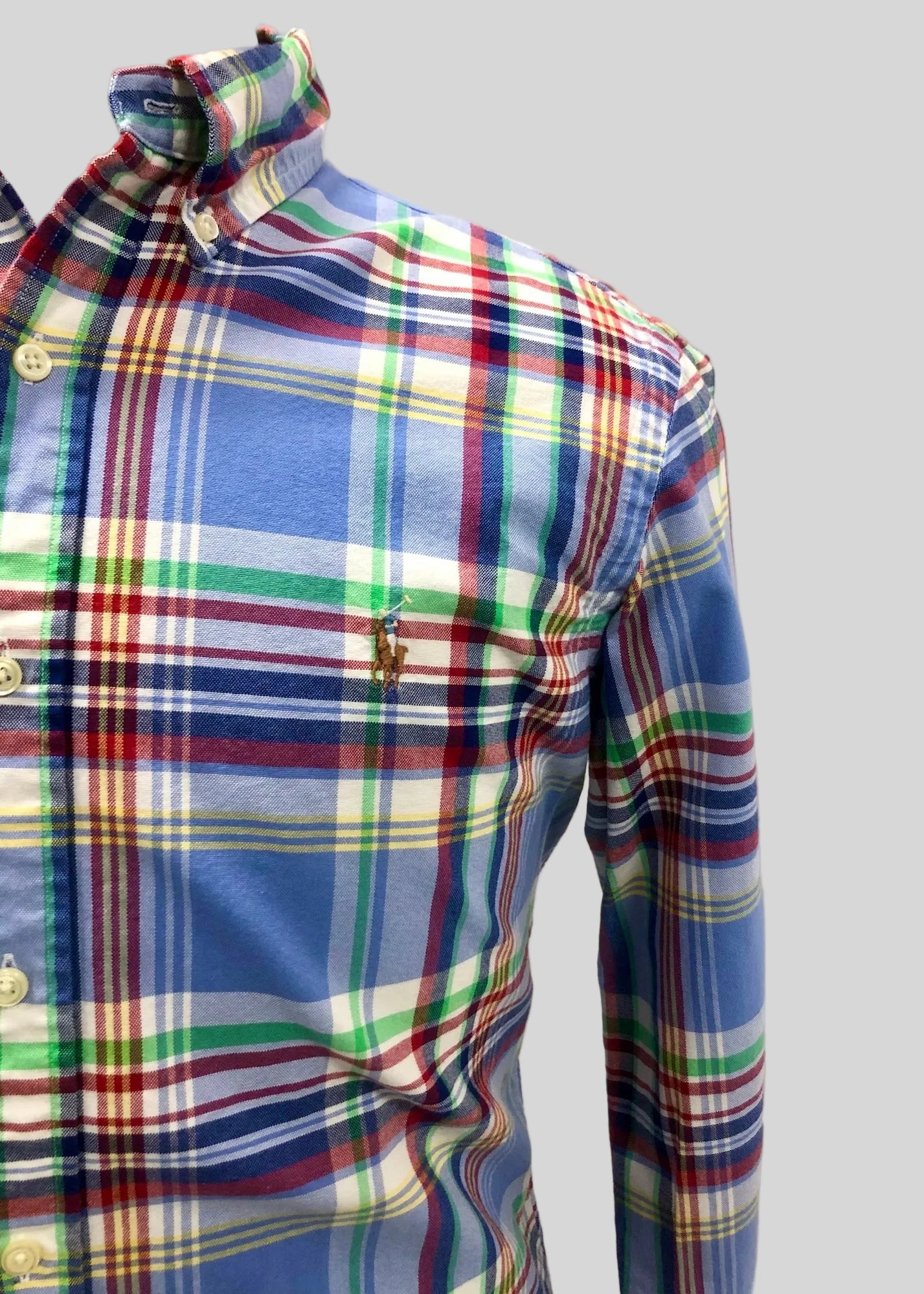 Camisa Polo Ralph Lauren 🏇🏼 Oxford de cuadros tartán celeste, amarillo, verde, rojo y blanco Talla M Entalle Clásico