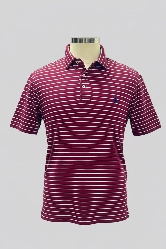 Camiseta Polo Ralph Lauren 🏇🏼 color rojo oscuro con rayas color negro y blanco Talla L Entalle Regular