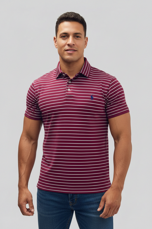 Camiseta Polo Ralph Lauren 🏇🏼 color rojo oscuro con rayas color negro y blanco Talla L Entalle Regular