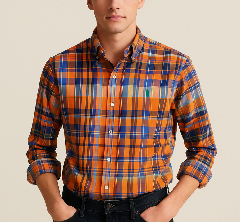 Camisa Polo Ralph Lauren 🏇🏼 color patron de cuadros en naranja, azul, amarillo y blanco Talla XL (18) de niño Entalle Regular