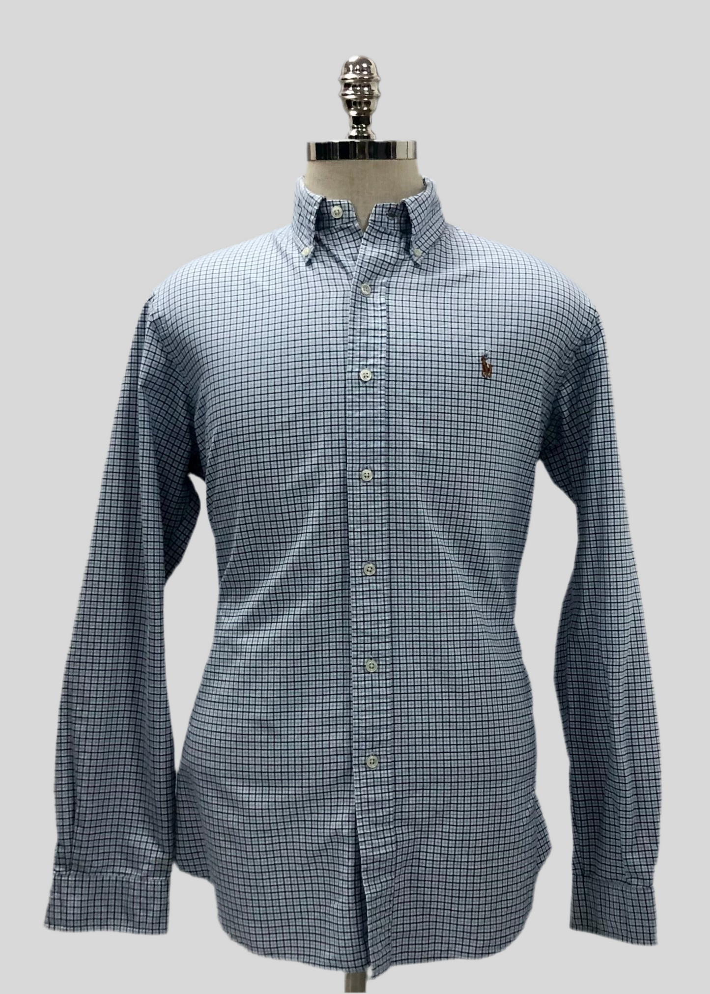 Camisa Polo Ralph Lauren 🏇🏼 color blanco patron de cuadros azul navy y celeste Talla L Entalle Custom Fit