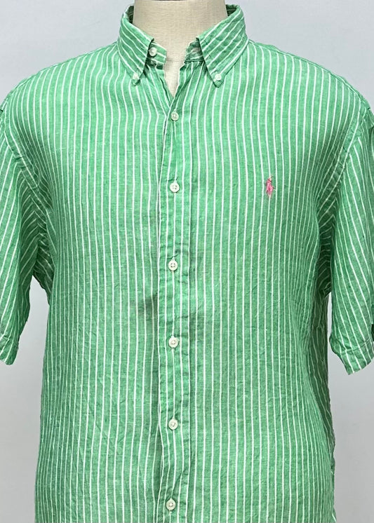 Camisa Polo Ralph Lauren 🏇🏼 de Lino con patron de rayas en color verde y blanco Talla XL Entalle Clásico