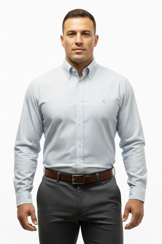 Camisa de botones Brooks Brothers 🐑 Oxford de rayas en celeste y blanco Talla L Entalle Regular