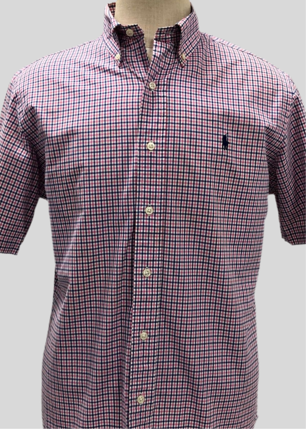 Camisa de botones Polo Ralph Lauren 🏇🏼 color blanco con patrón de cuadros azul navy y rosado Talla M Entalle Clásico
