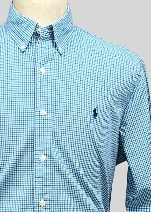 Camisa Polo Ralph Lauren 🏇🏼 color blanco con patron de cuadros turquesa y azul Talla L Entalle Regular