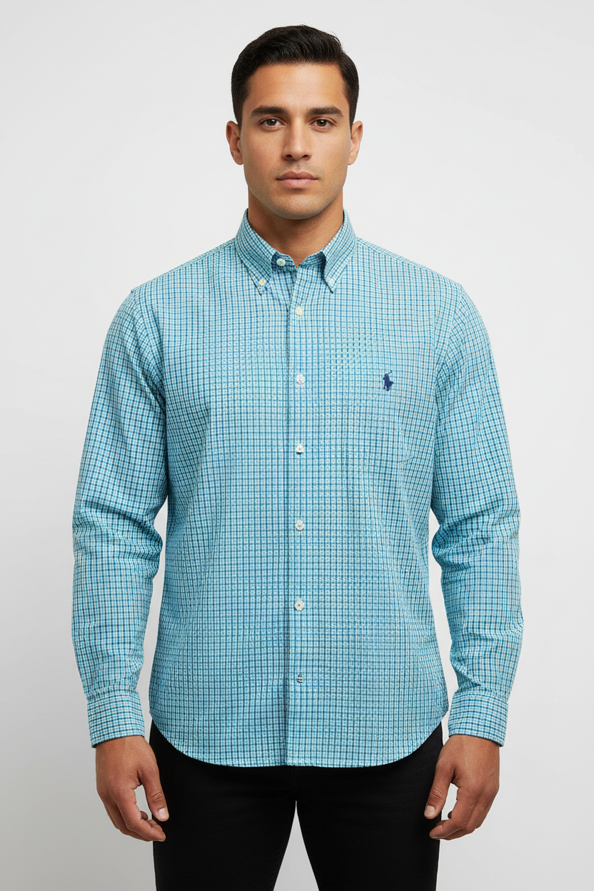 Camisa Polo Ralph Lauren 🏇🏼 color blanco con patron de cuadros turquesa y azul Talla L Entalle Regular