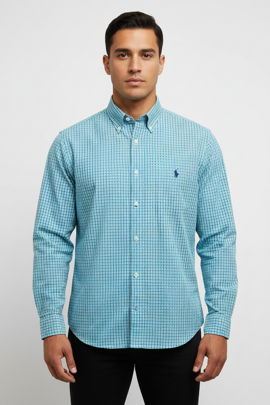 Camisa Polo Ralph Lauren 🏇🏼 color blanco con patron de cuadros turquesa y azul Talla L Entalle Regular