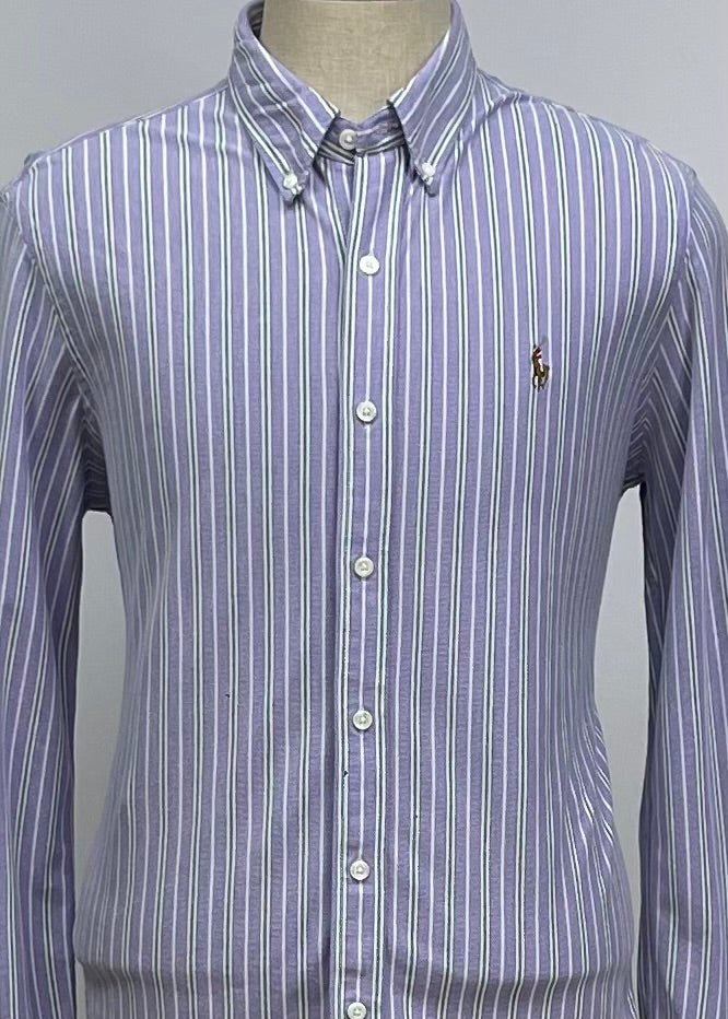 Camisa Polo Ralph Lauren 🏇🏼 Tela camiseta (Knit Oxford) de rayas en color morado, verde y blanco Talla XL Entalle Regular