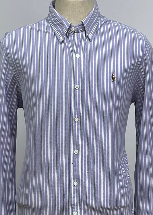 Camisa Polo Ralph Lauren 🏇🏼 Tela camiseta (Knit Oxford) de rayas en color morado, verde y blanco Talla XL Entalle Regular