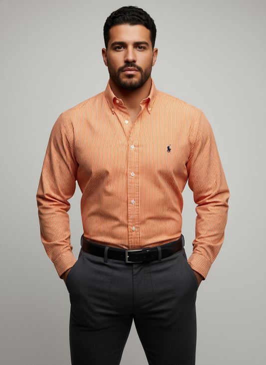 Camisa Polo Ralph Lauren 🏇🏼 con patron de rayas finas en color naranja y blanco Talla XL Entalle Regular