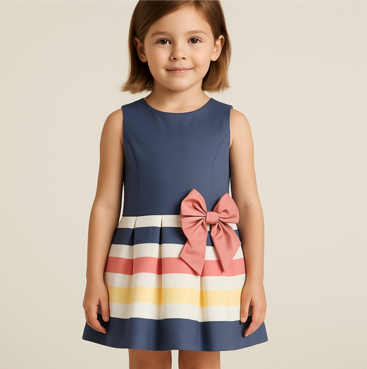 Vestido español de niña Kiriki🌸 Color gris con franjas de color blanco rosa y crema en la falda Talla 6