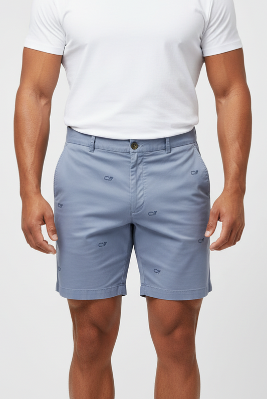 Short Casual Vineyard Vines 🐳 color gris azulado con diseño de logos talla 38